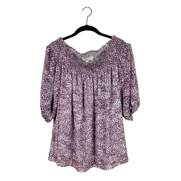 Ann Taylor Loft Mauve Floral Off The Shoulder Blouse 3/4 Sleeve Size S - Picture 2 of 8